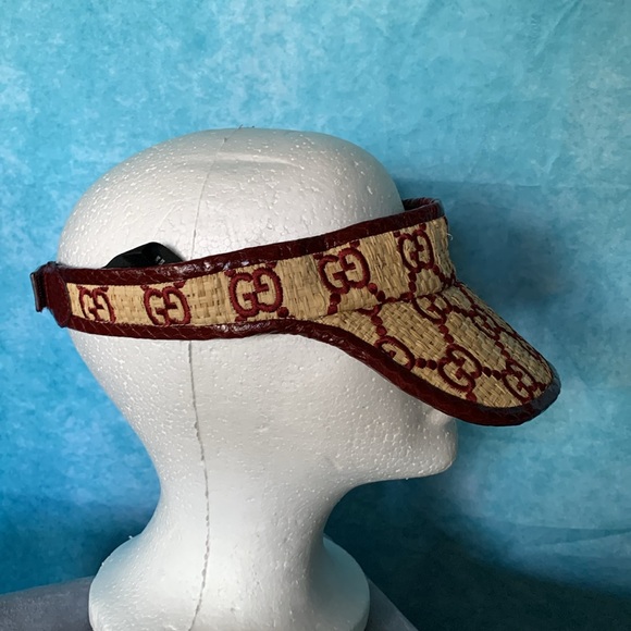 Gucci Maroon Red Raffia Monogram Snake Skin Visor Hat Sz. M - Picture 5 of 9